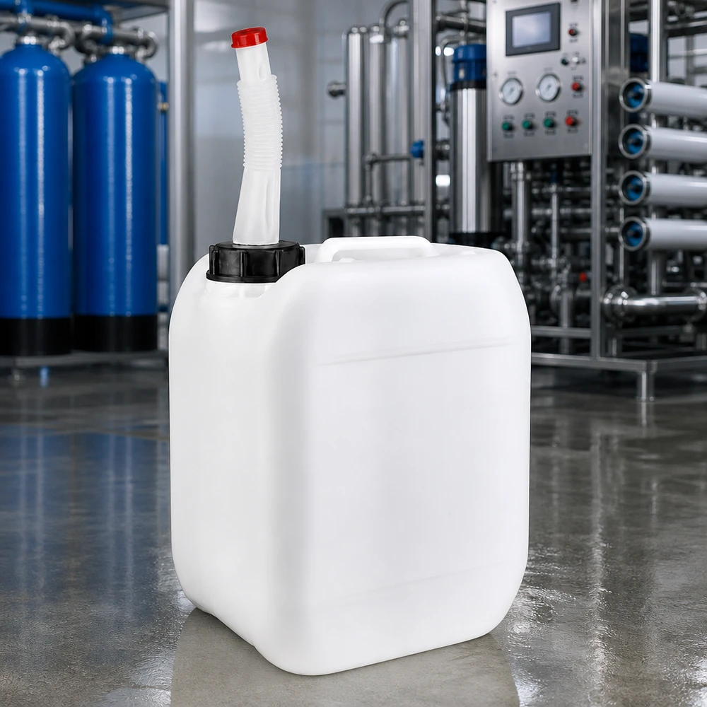 Stapelbarer Weißkanister 5 Liter mit flexiblem Ausgießer vor Wasseraufbereitungsanlage