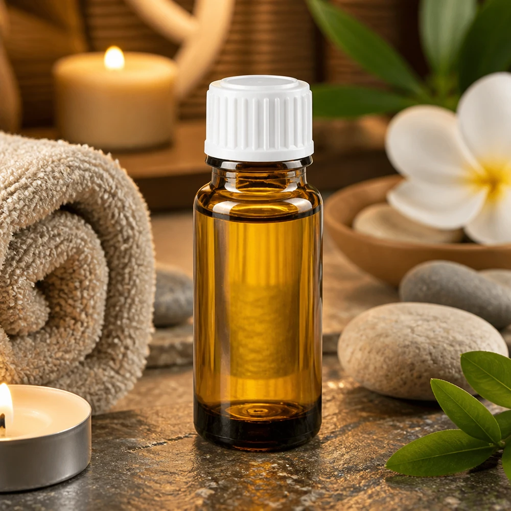 Apothekenflasche braun 10ml Schraubverschluss weiß Standard Lichtschutz Braunglasflasche 10ml weißer Verschluss auf Naturstein mit Wellness-Dekoration