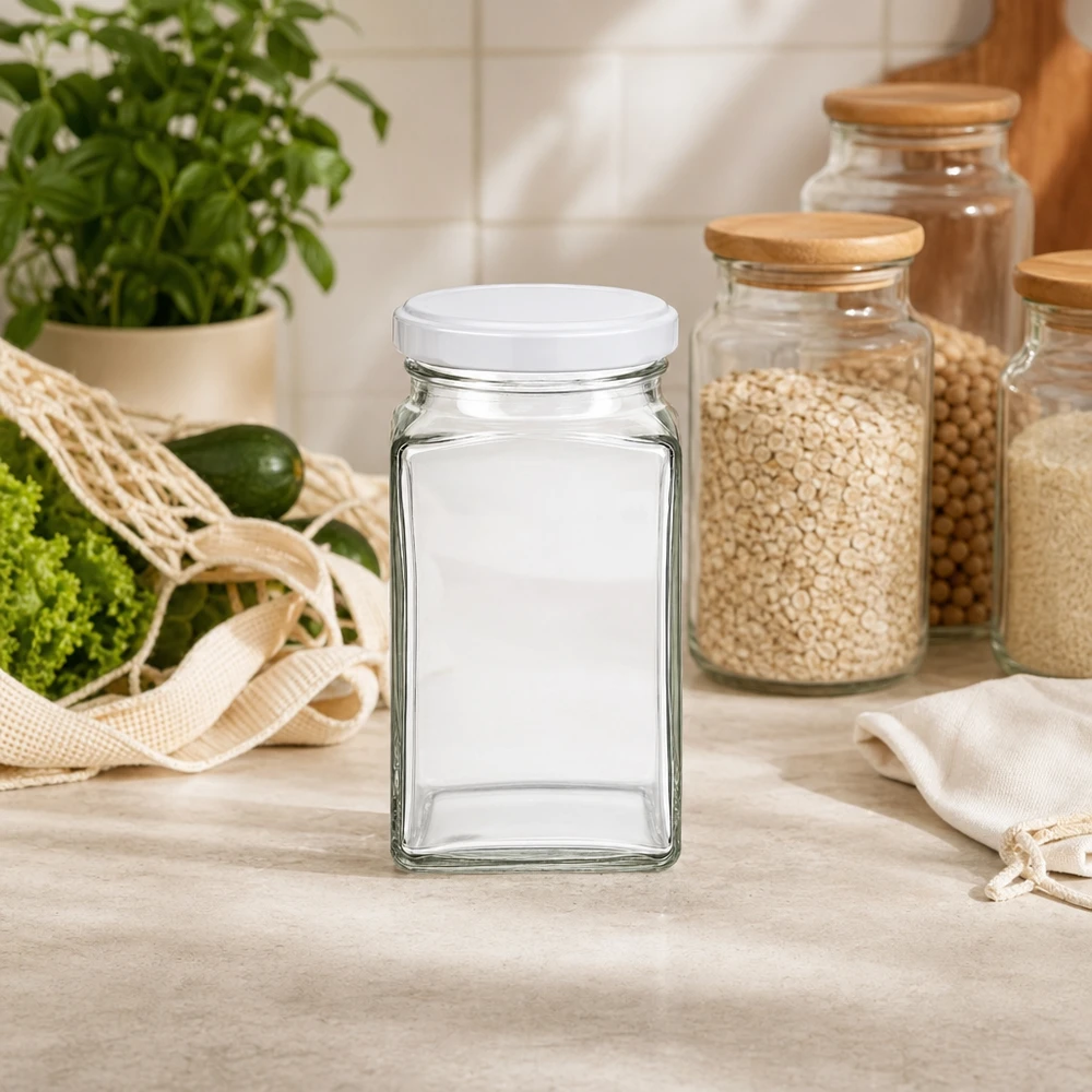 260ml Tetraglas leer in moderner Küche mit Vorratsgläsern und frischen Kräutern stilvolle Aufbewahrung Dekoration