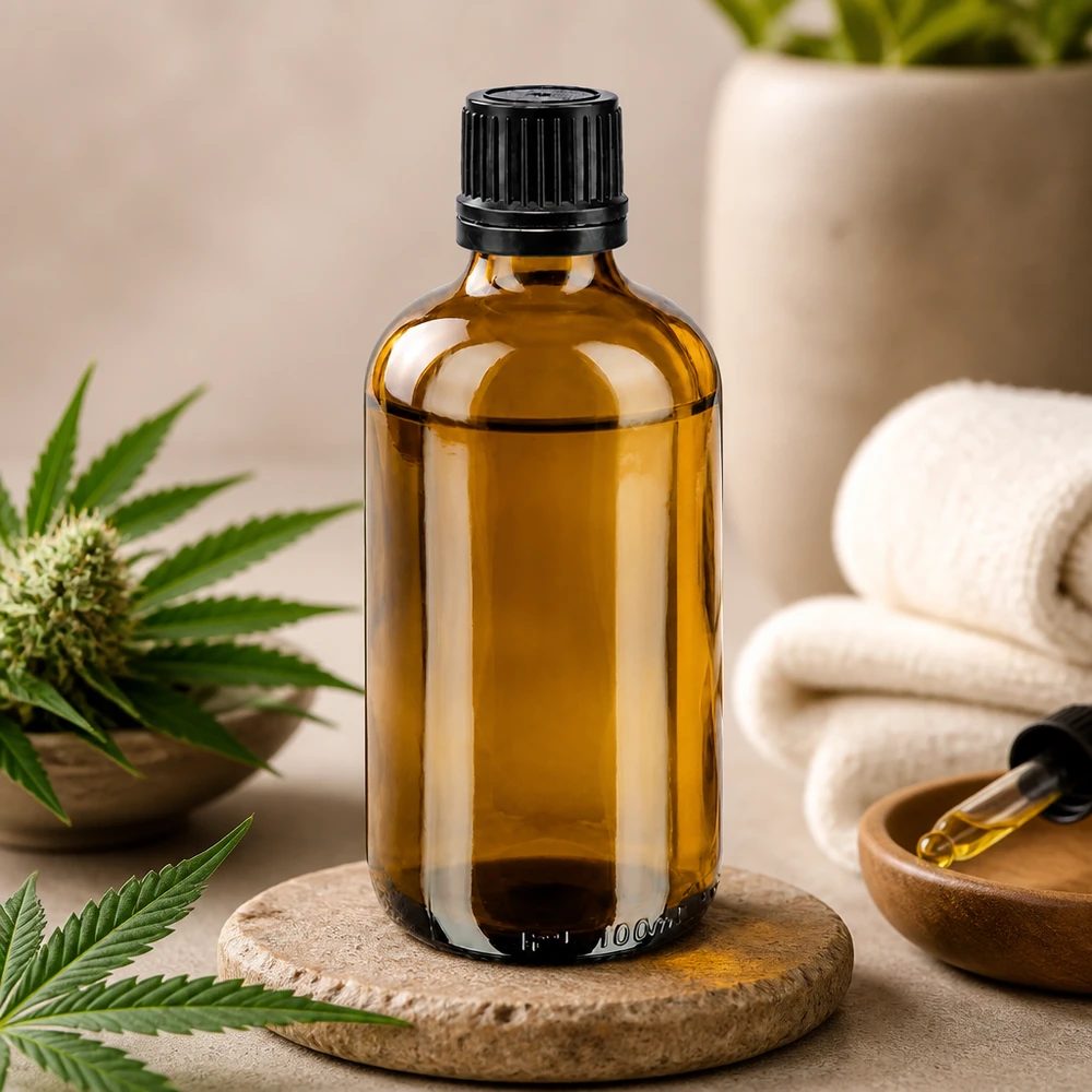 Bernsteinfarbene 100ml Apothekerflasche mit Tropfeinsatz auf Naturstein Untersetzer