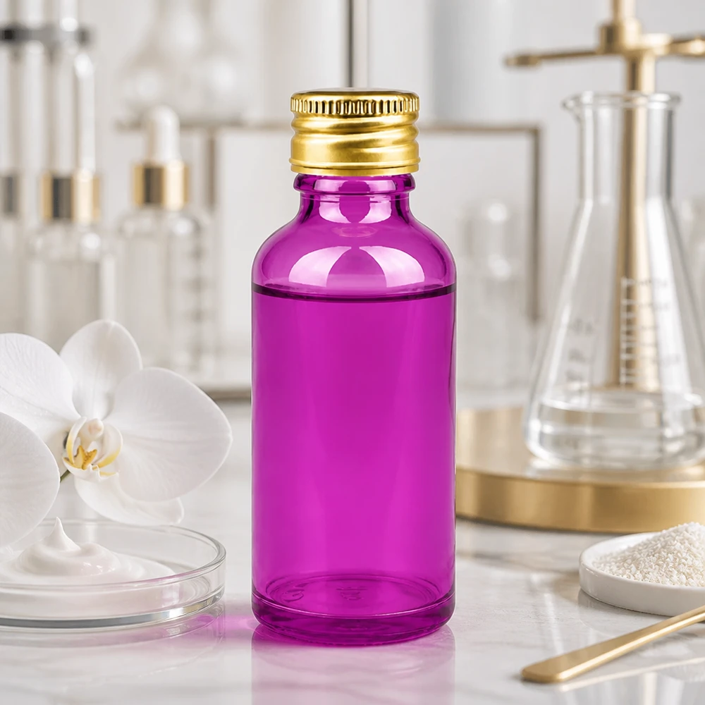 50ml Flasche 11mm Schraubverschluss Alu-Gold Standard PurpleLine. UT18/50 Kosmetik-Glasflasche 50ml in elegantem Purpur-Ton mit matter Oberfläche für luxuriöse Produktpräsentation