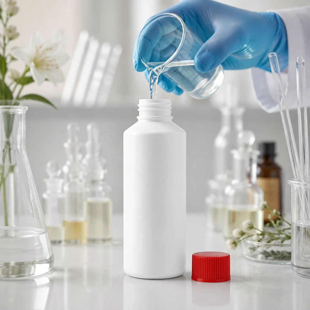 Leere weiße Plastikflasche 100ml HDPE mit abgenommenem rotem Kindersicherheitsverschluss im Labor