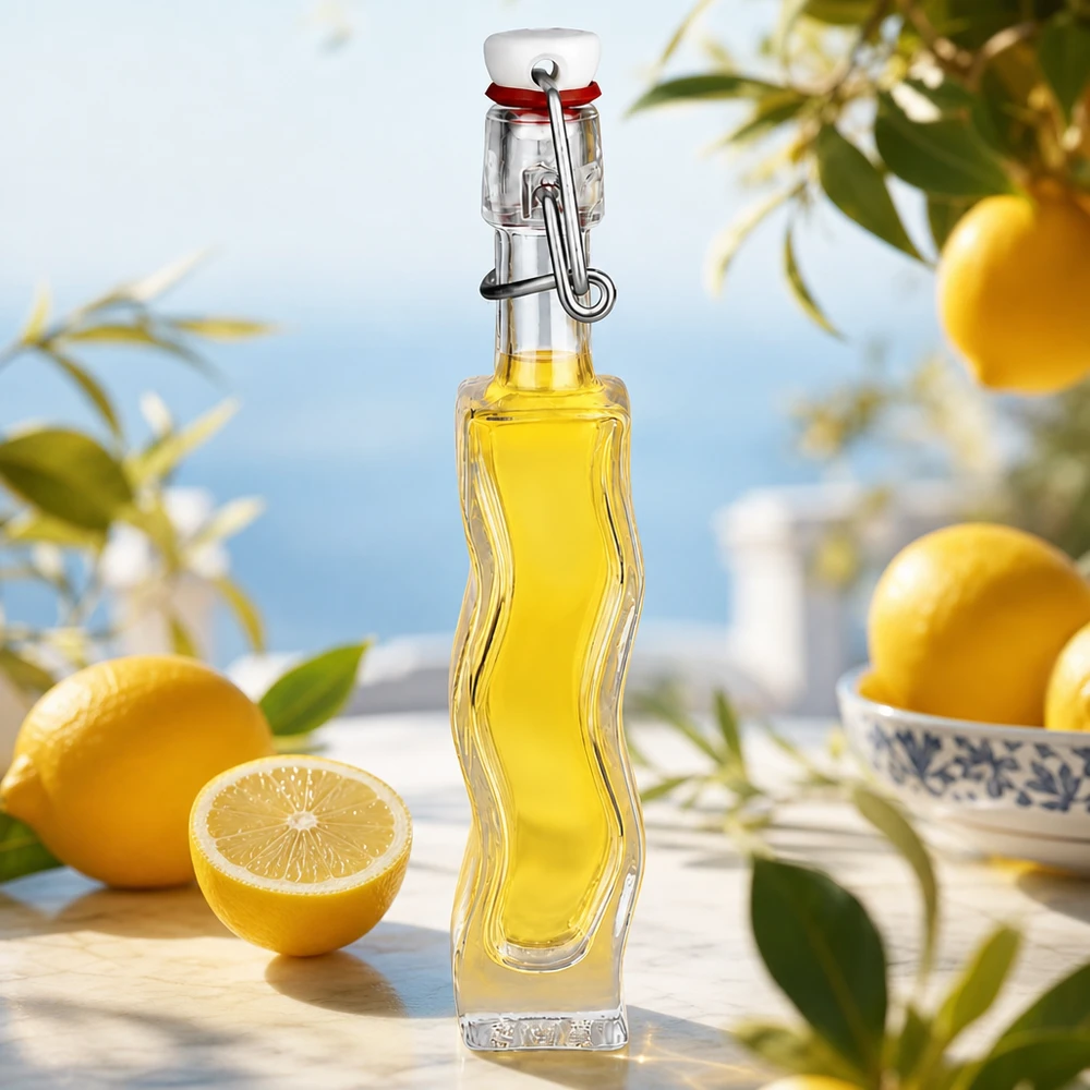 40ml Glasflasche "Anna" mit PVC Bügelverschluss UNiTWIST 40ml Glasflasche Anna mit gelber Zitrusflüssigkeit zwischen frischen Zitronen in mediterraner Sommerdekoration