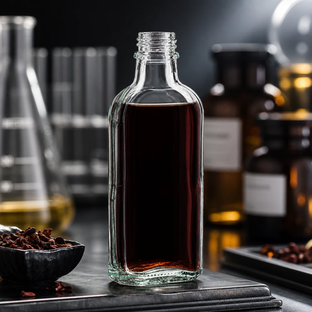 Gefüllte 100 ml Glasflasche klar DIN22 mit dunklem Extrakt neben getrockneten Kräutern