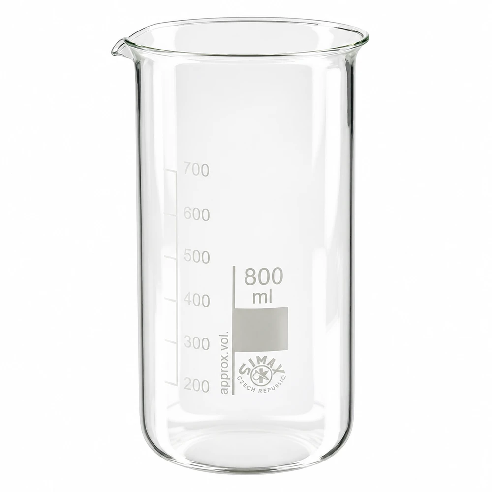 Becherglas 800ml Borosilikatglas, hohe Form Hohes zylindrisches Laborbecherglas 800ml aus klarem Borosilikatglas mit präziser Messkala