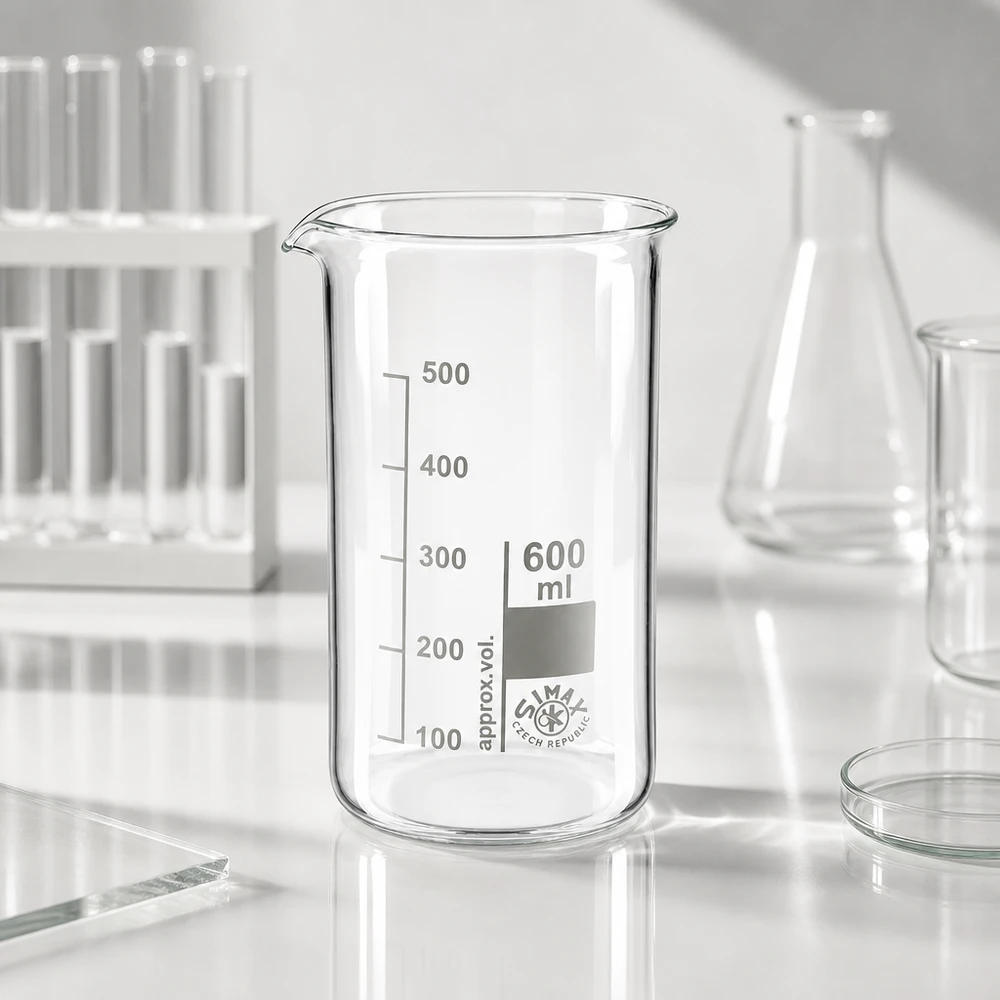 Becherglas 600ml Borosilikatglas, hohe Form Becherglas 600ml hohe Form Borosilikatglas mit Skalierung bis 500ml auf weißer Laborfläche