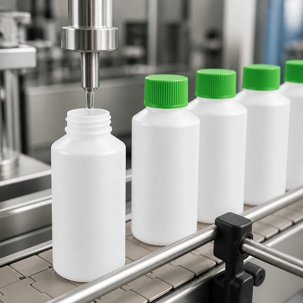 Serienproduktion HDPE Apothekenflaschen 50ml weiß mit grünem SV auf automatischer Abfüllanlage