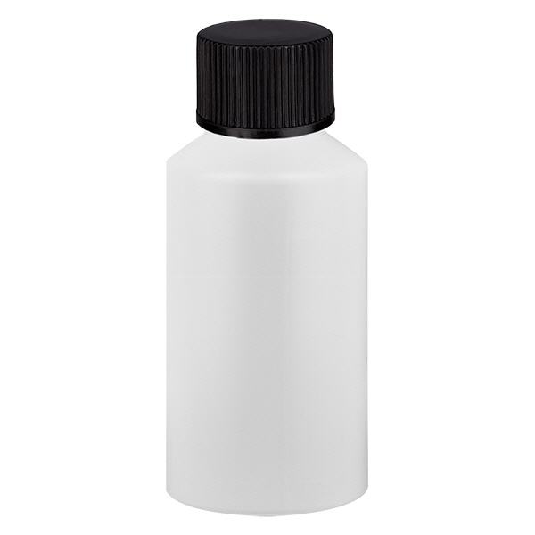 Apothekenflasche HDPE 50ml weiß, mit schwarzem Schraubverschluss Apothekenflasche HDPE 50ml weiß, mit schwarzem Schraubverschluss