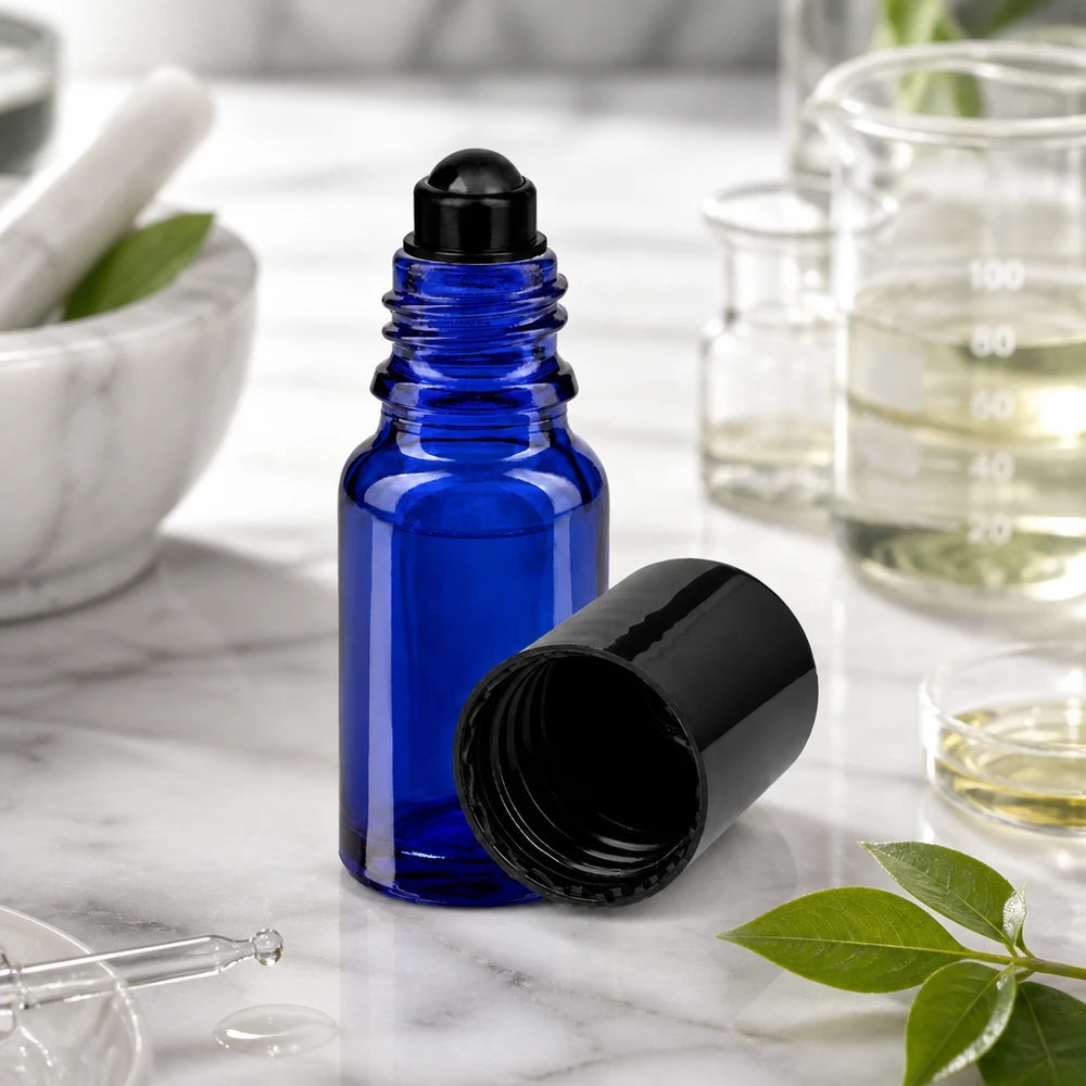 Apothekenflasche blau 10ml Roll-On Verschluss schwarz Kobaltblaue 10ml Rollerflasche mit schwarzer Rollkugel neben Becherglas und Mörser im Labor
