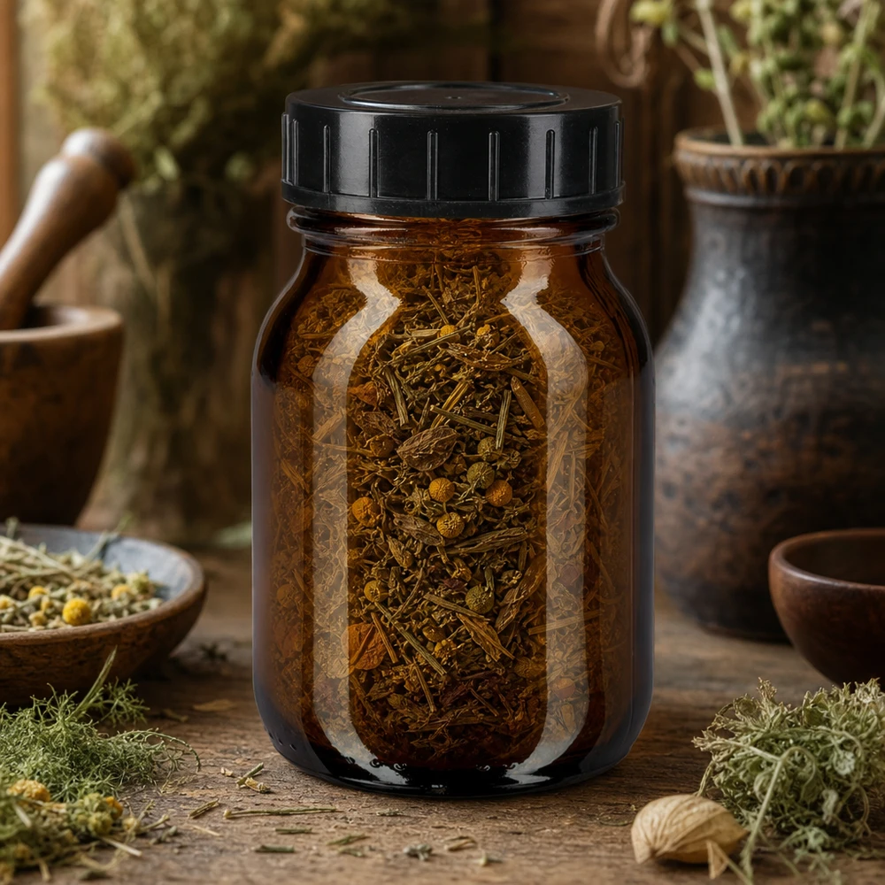 Kleine Braunglasflasche 75ml mit großer Öffnung für einfache Entnahme von Kräutermischungen
