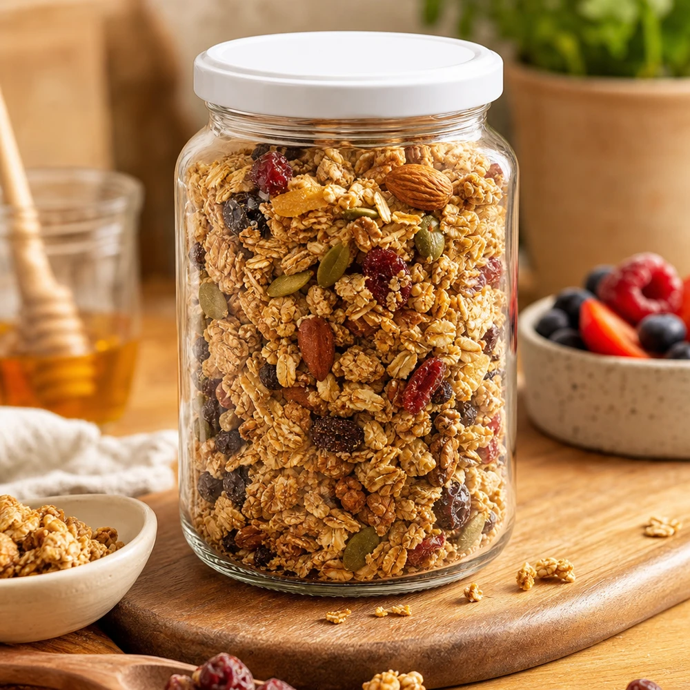 382ml UNiTWIST Rundglas mit weißem BasicSeal Deckel gefüllt mit Müsli Nüssen und Trockenfrüchten als Vorratsglas