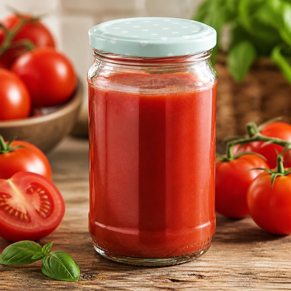 370ml Rundglas + BasicSeal Punkte mint matt UNiTWIST Passata di pomodoro im 370ml Rundglas UNiTWIST BasicSeal mint matt neben frischen Tomaten