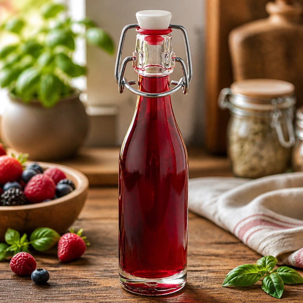50ml Glasflasche mit Bügelverschluss gefüllt mit rotem Beerensaft umgeben von frischen Erdbeeren und Blaubeeren