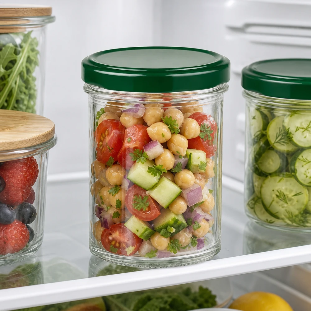 350ml Sturzglas + BasicSeal Deckel grün UNiTWIST 350ml Sturzglas grün im Kühlschrank mit Kichererbsensalat gefüllt zeigt praktische Aufbewahrung von Lebensmitteln