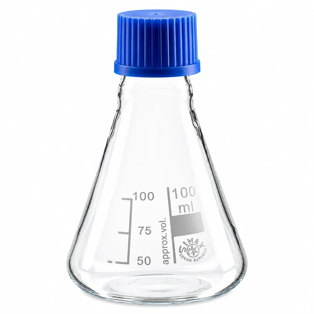 Wissenschaftlicher Messkolben 100ml mit konischer Form und blauer Kappe von SIMAX