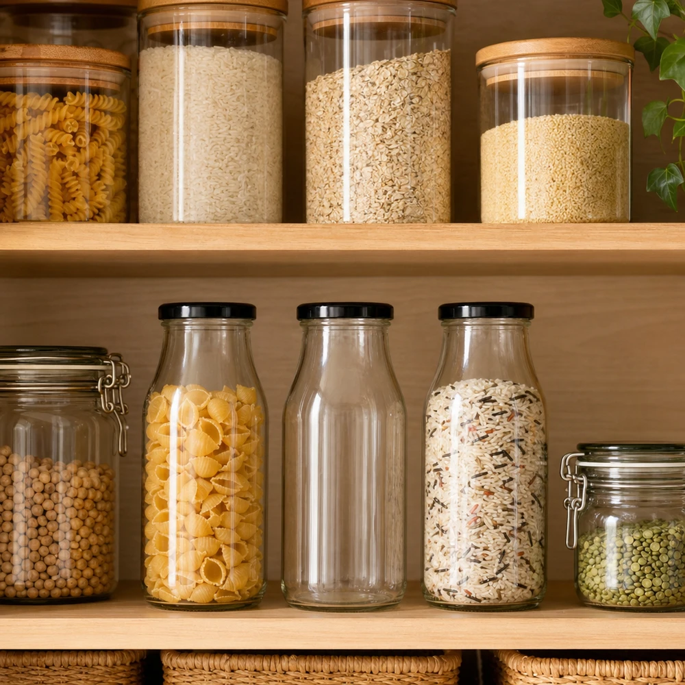 263ml Glasflasche mit schwarzem Deckel zwischen Vorratsgläsern mit Pasta und Getreide in organisierter Küche