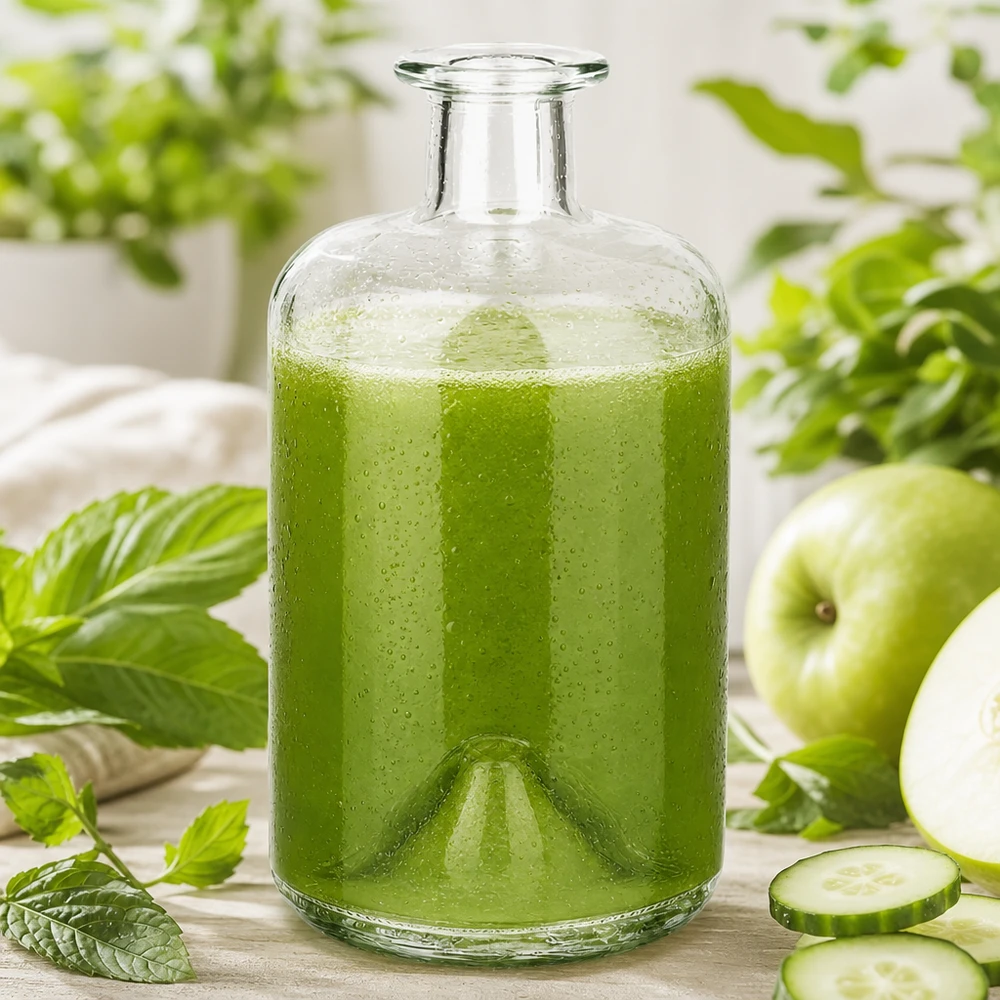 500ml Apothekenflasche "Classic" ohne Verschluss UNiTWIST® 500ml Glasflasche Sofia mit grünem Smoothie befüllt Gurke Apfel Minze Detox Getränk Apothekerflasche Küche