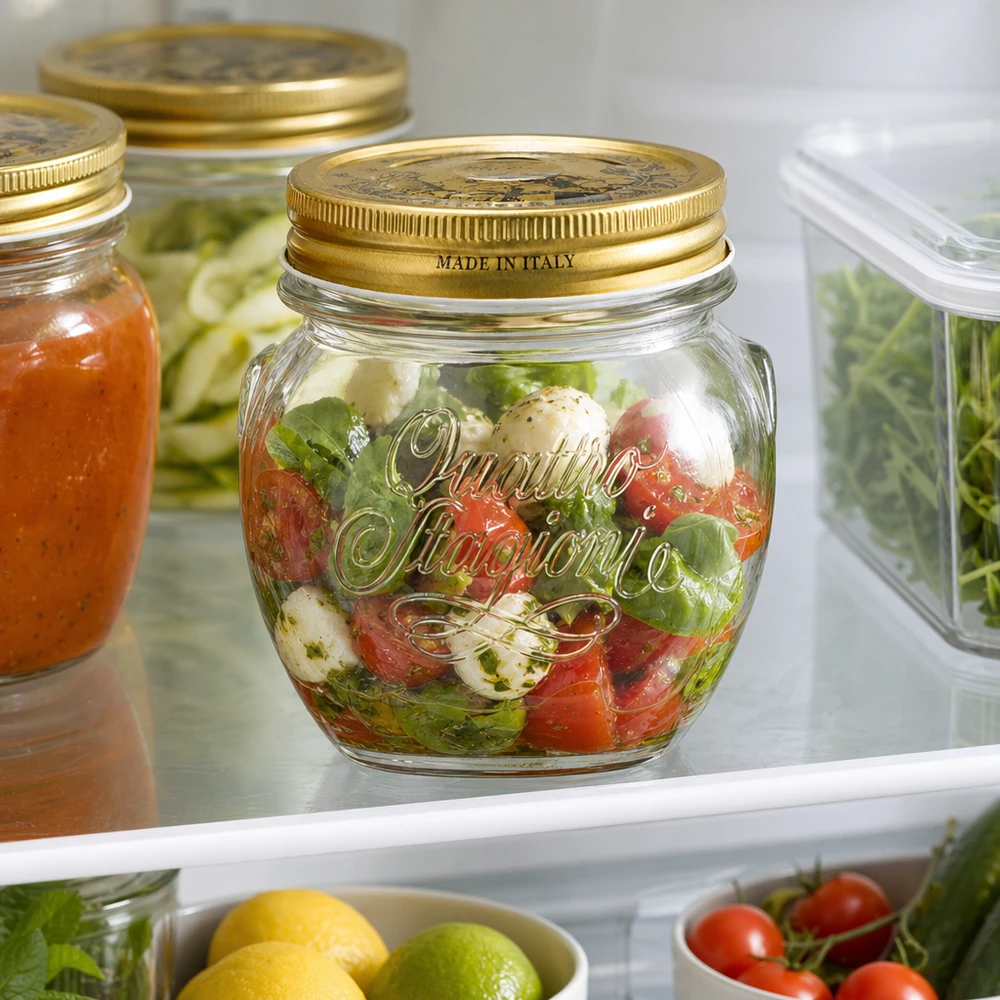 300ml Rundglas Quattro Stagioni mit goldenem Deckel gefüllt mit Caprese-Salat im Kühlschrank Made in Italy