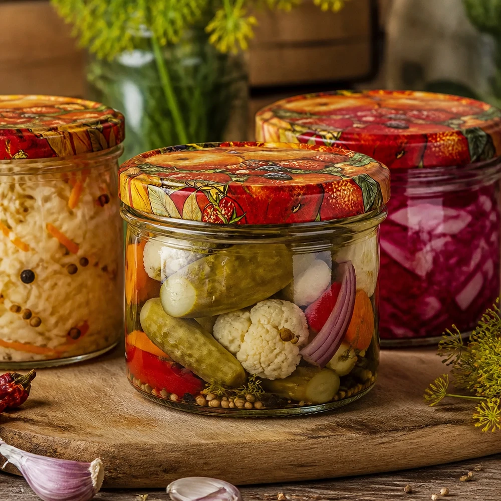 225ml Sturzglas Obst-Dekor mit eingelegtem Mischgemüse, Einmachglas für Pickles und fermentierte Konserven