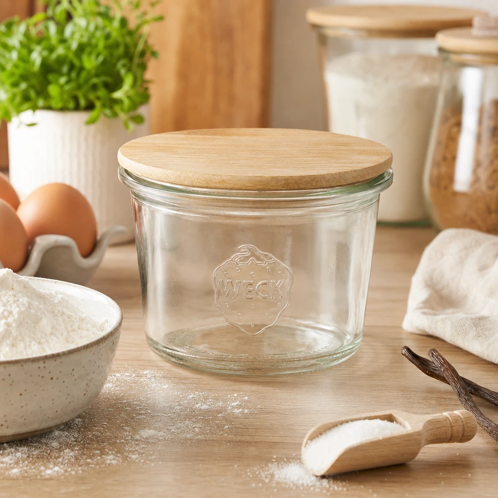 WECK Mini Sturzglas 35ml RR40 mit Bambus Holzdeckel in stylischer Küchen-Atmosphäre zwischen Backzutaten und Küchenutens