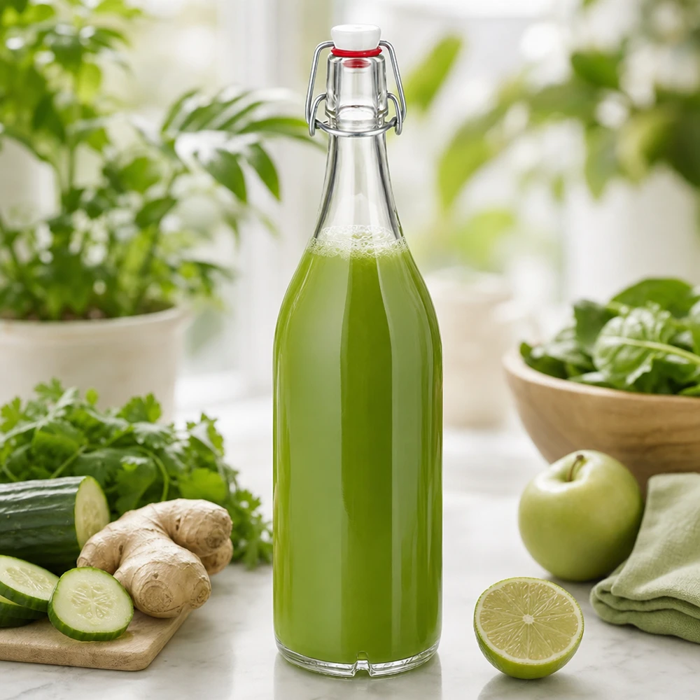 1000ml Glasflasche und Bügelverschluss Porzellan UNiTWIST 1000ml Glasflasche mit Bügelverschluss gefüllt mit grünem Saft umgeben von frischen Zutaten wie Gurke Ingwer