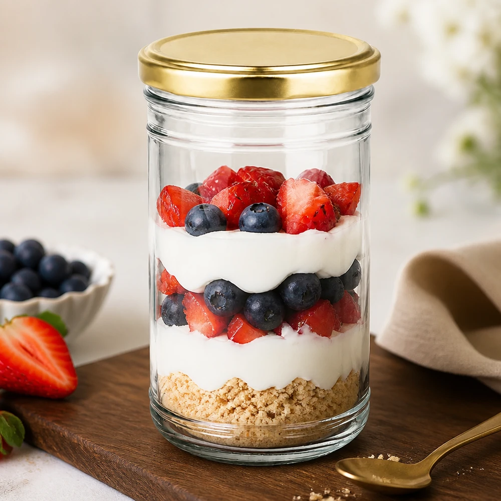 Schichtdessert mit Beeren und Joghurt im 1053ml Sturzglas mit goldenem Deckel als gesunde Dessert-Idee