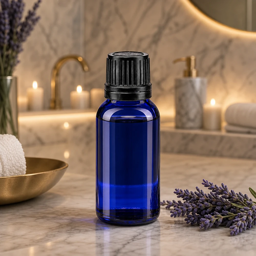 Apothekenflasche blau 10ml Tropfverschluss Giessring 1mm schwarz Originalitätsverschluss UV-Schutzflasche aus blauem Apothekerglas 10ml mit präzisem 1mm Tropfeinsatz und OV-Verschluss