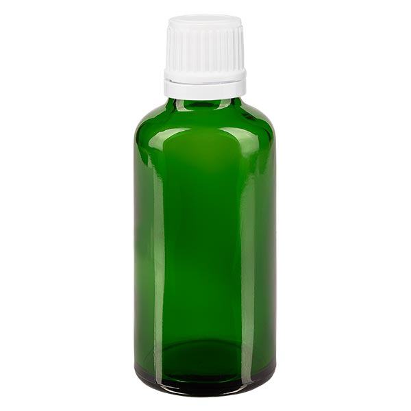 Apothekenflasche grün 50ml Tropfverschluss 1.2mm weiß Originalitätsverschluss Apothekenflasche grün 50ml Tropfverschluss 1.2mm weiß Originalitätsverschluss
