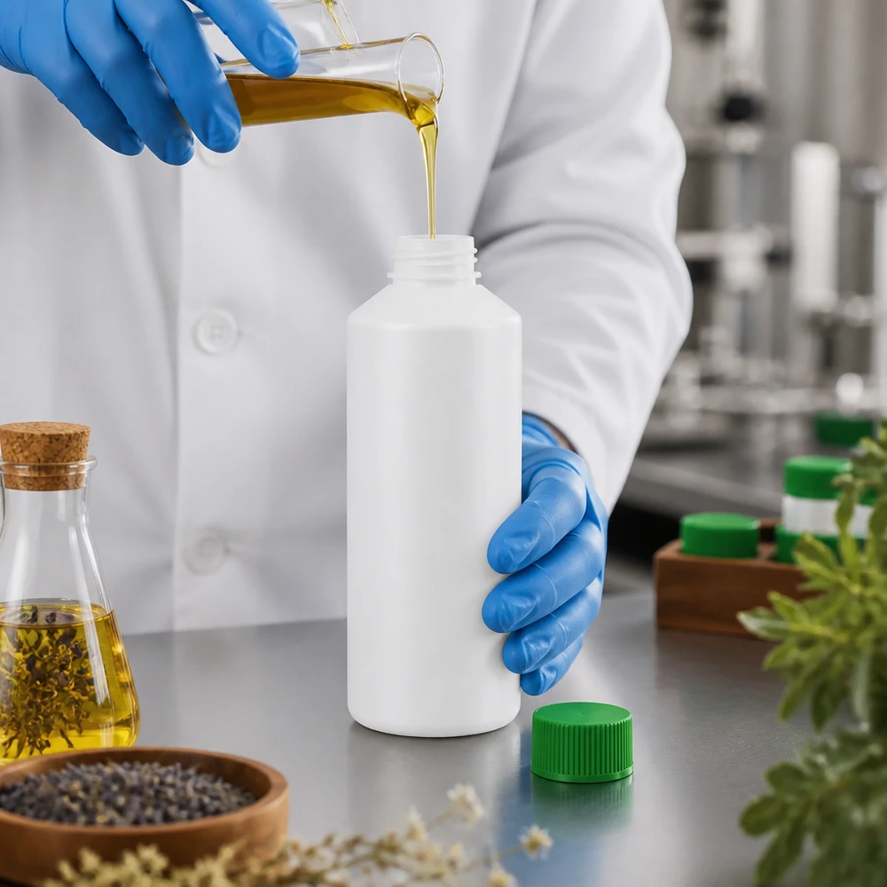 Befüllung einer weißen 100ml Apothekenflasche aus HDPE mit goldfarbenem Pflanzenextrakt