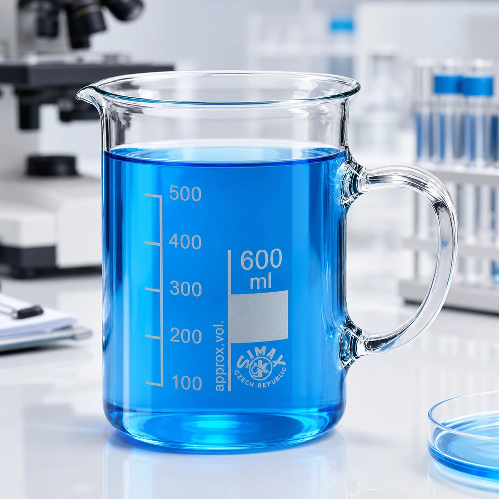 Becherglas 600ml Borosilikatglas, mit Henkel Hitzebeständiges Becherglas mit Henkel 600ml Fassungsvermögen für chemische Anwendungen