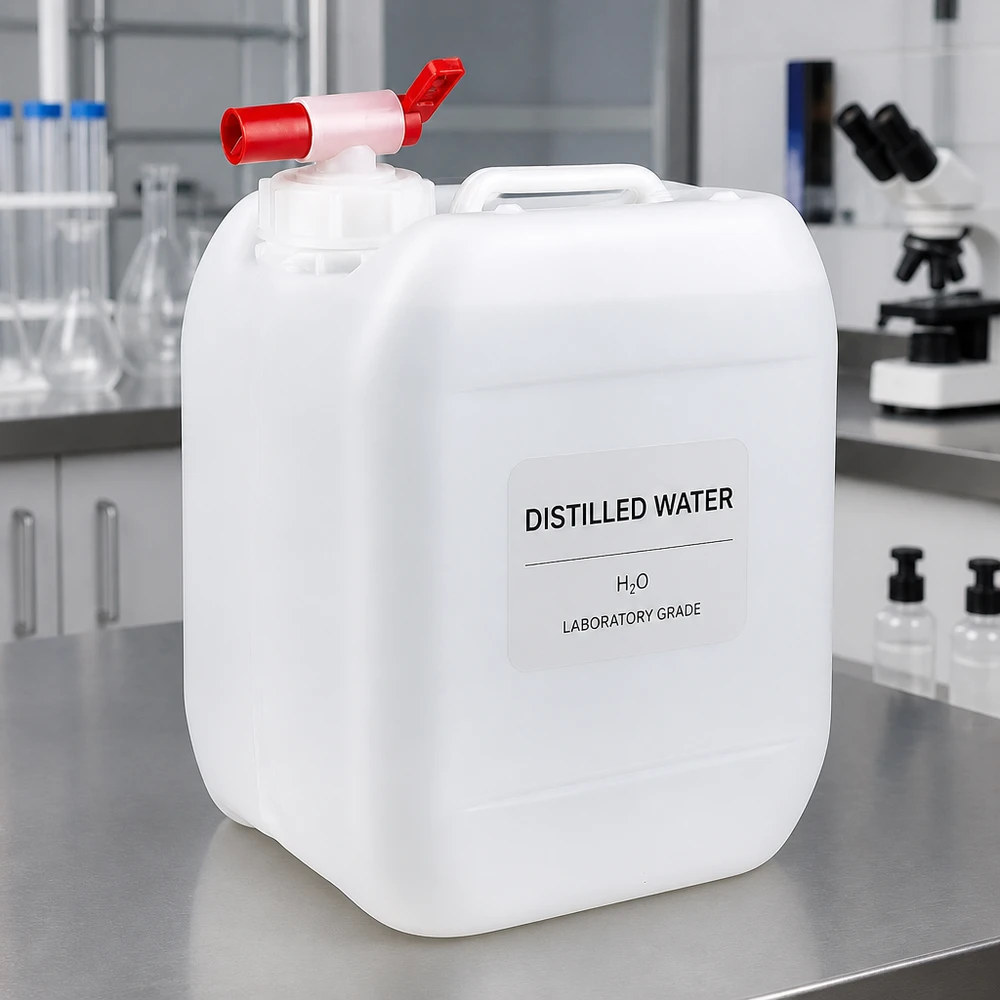 Transluzenter Kanister 5L mit rotem Absperrhahn auf Edelstahl Laborarbeitstisch