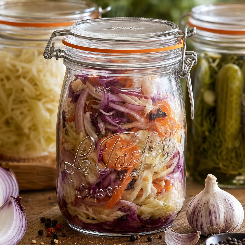 1000ml Le Parfait Super Vorratsglas mit Bügelverschluss gefüllt mit fermentiertem Gemüse und Gewürzen