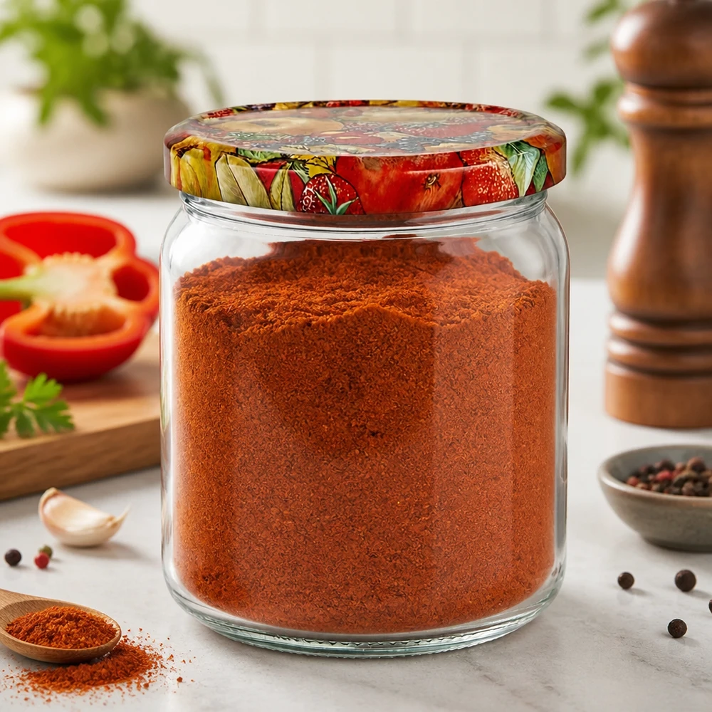 408ml Rundglas + BasicSeal Deckel Obst-Dekor UNiTWIST 408ml Rundglas gefüllt mit Paprikapulver zeigt praktische Küchenverwendung des Obst-Dekor Deckels zum Gewürze aufbewahre