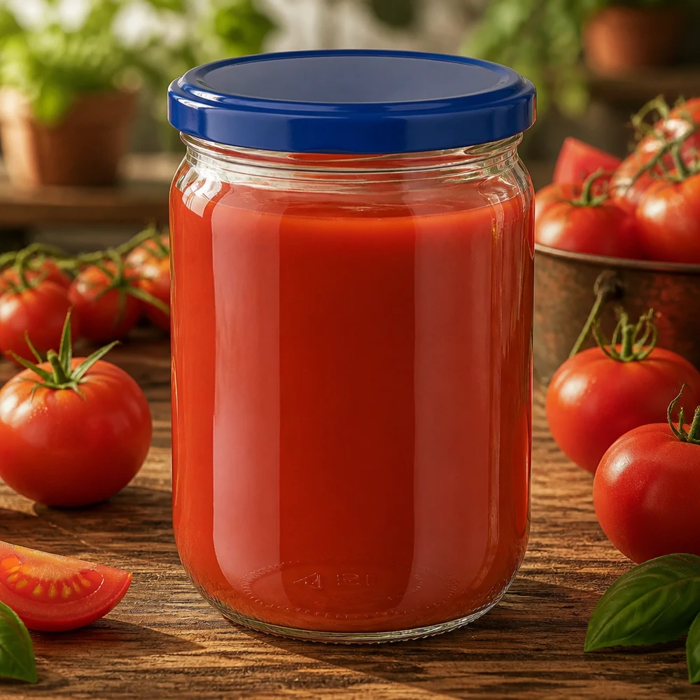 555ml Rundglas + BasicSeal Deckel blau UNiTWIST Klares Rundglas 555ml UNiTWIST BasicSeal blau zum Einkochen von Tomatensoße auf Holztisch