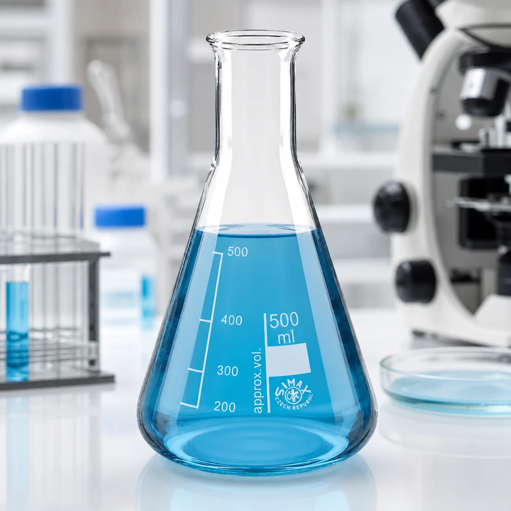 Erlenmeyerkolben 500ml aus transparentem Borosilikatglas mit blauer Chemikalie im Forschungslabor