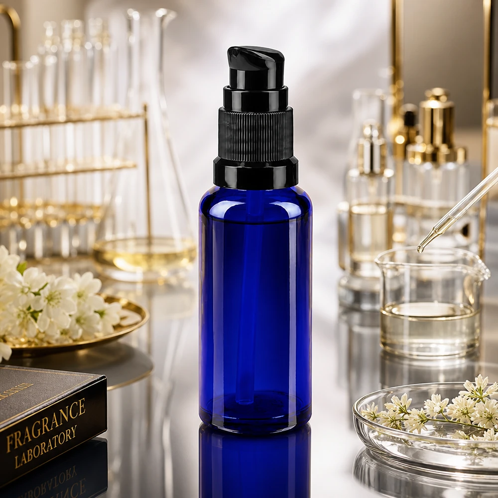 30ml blaue Glasflasche mit Standardpumpe schwarz zwischen Laborgeräten und Blüten