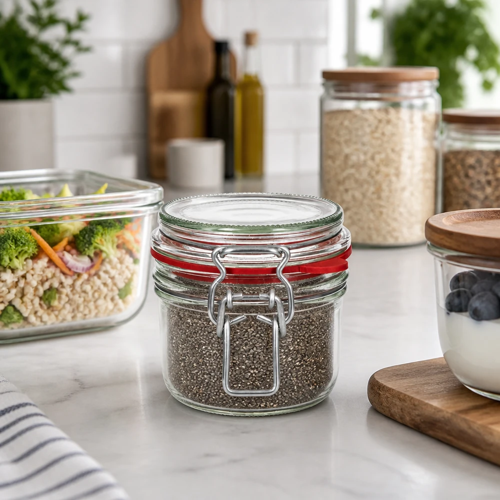 Moderne Küchenorganisation mit 255ml Vorratsglas Bügelverschluss für Gewürze und Körner auf Marmorarbeitsplatte