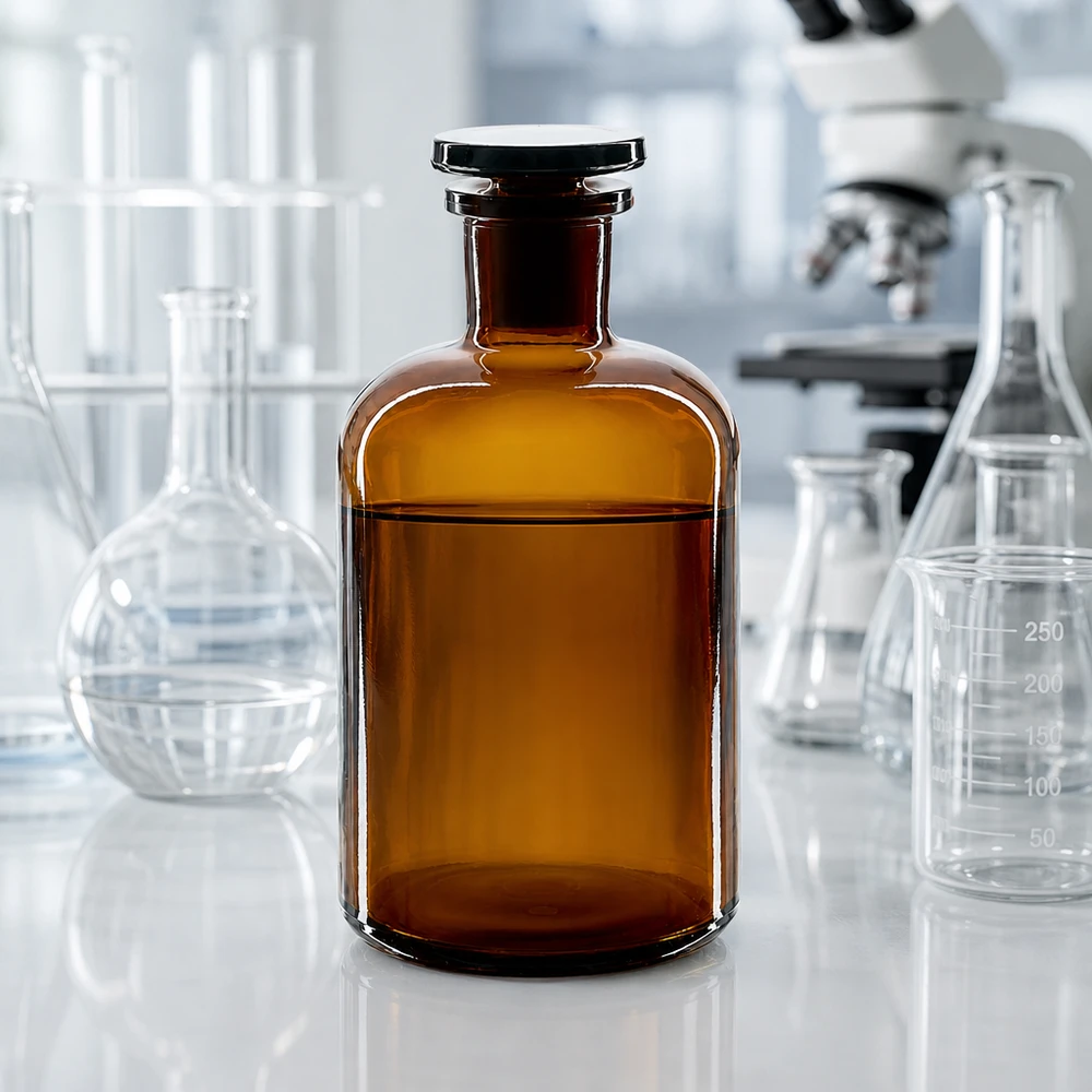 Reagenzflasche 500ml Rundschulter Enghals Braunglas dicht verschlossen mit Glasstopfen