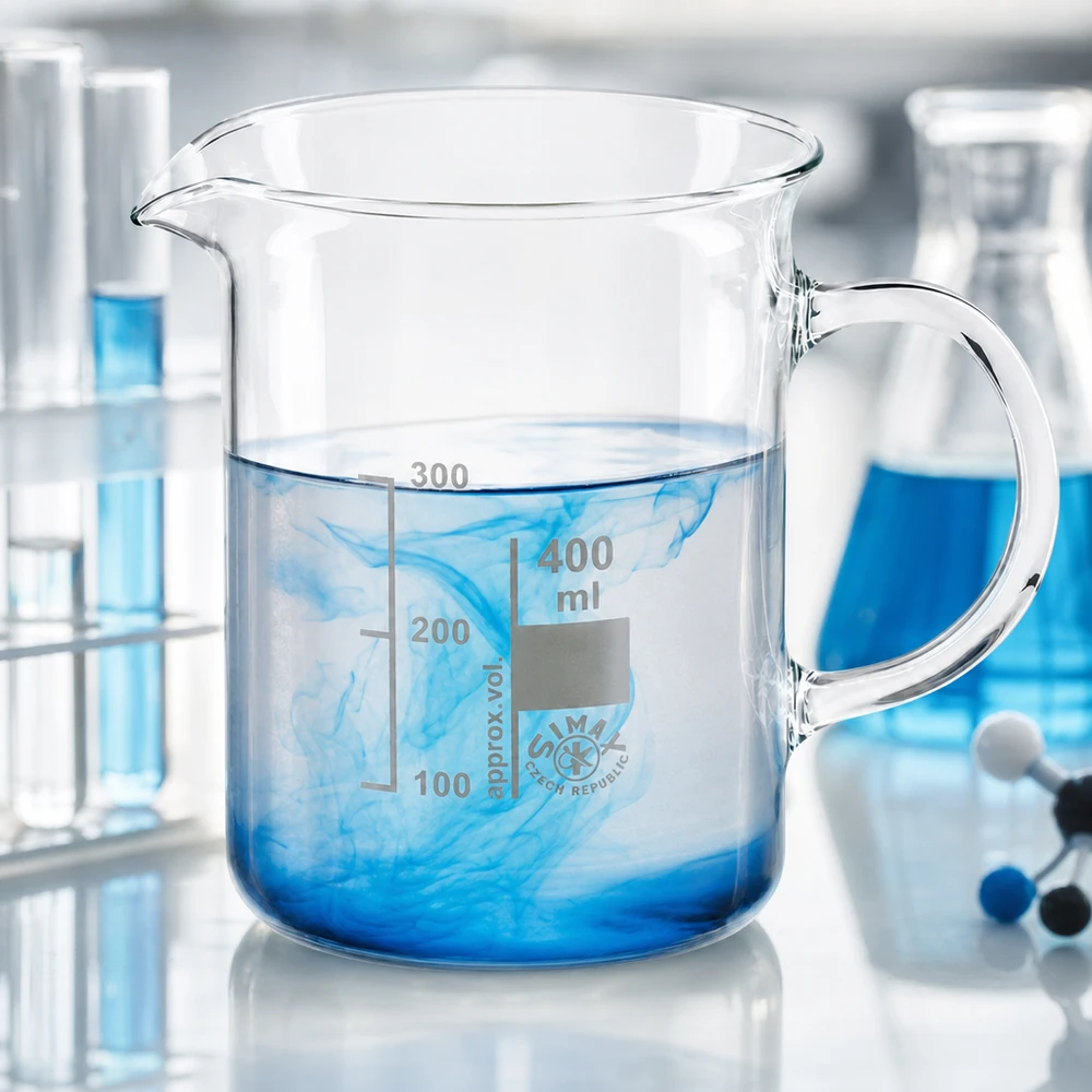 Becherglas 400ml Borosilikatglas, mit Henkel Becherglas 400ml Borosilikatglas mit seitlichem Henkel und eingeätzter Volumenskala Laborqualität