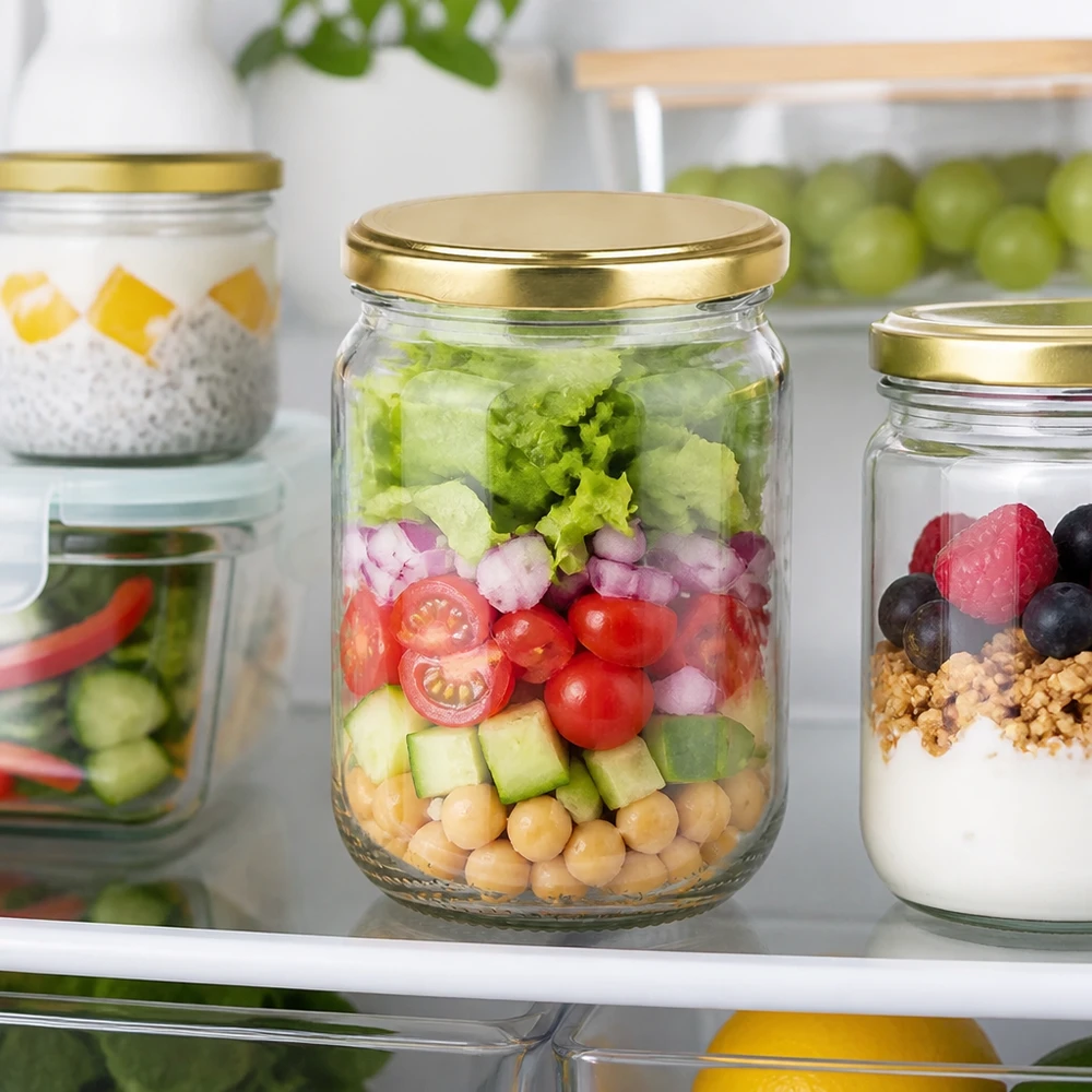 Glasdose 555ml mit BasicSeal Deckel gold für frische Salate und Vorratshaltung im Kühlschrank
