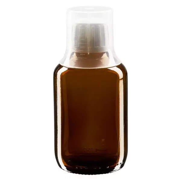 150ml Medizinflasche braun, Verschluss Originalitätsverschluss mit Dosierbecher 30ml ApoGlas 150ml Medizinflasche braun, Verschluss Originalitätsverschluss mit Dosierbecher 30ml ApoGlas