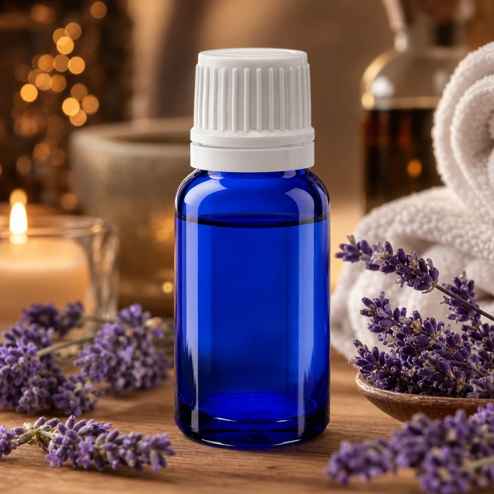 Blaue 10ml Apothekerflasche mit Tropfverschluss und Originalitätssicherung aus Glas