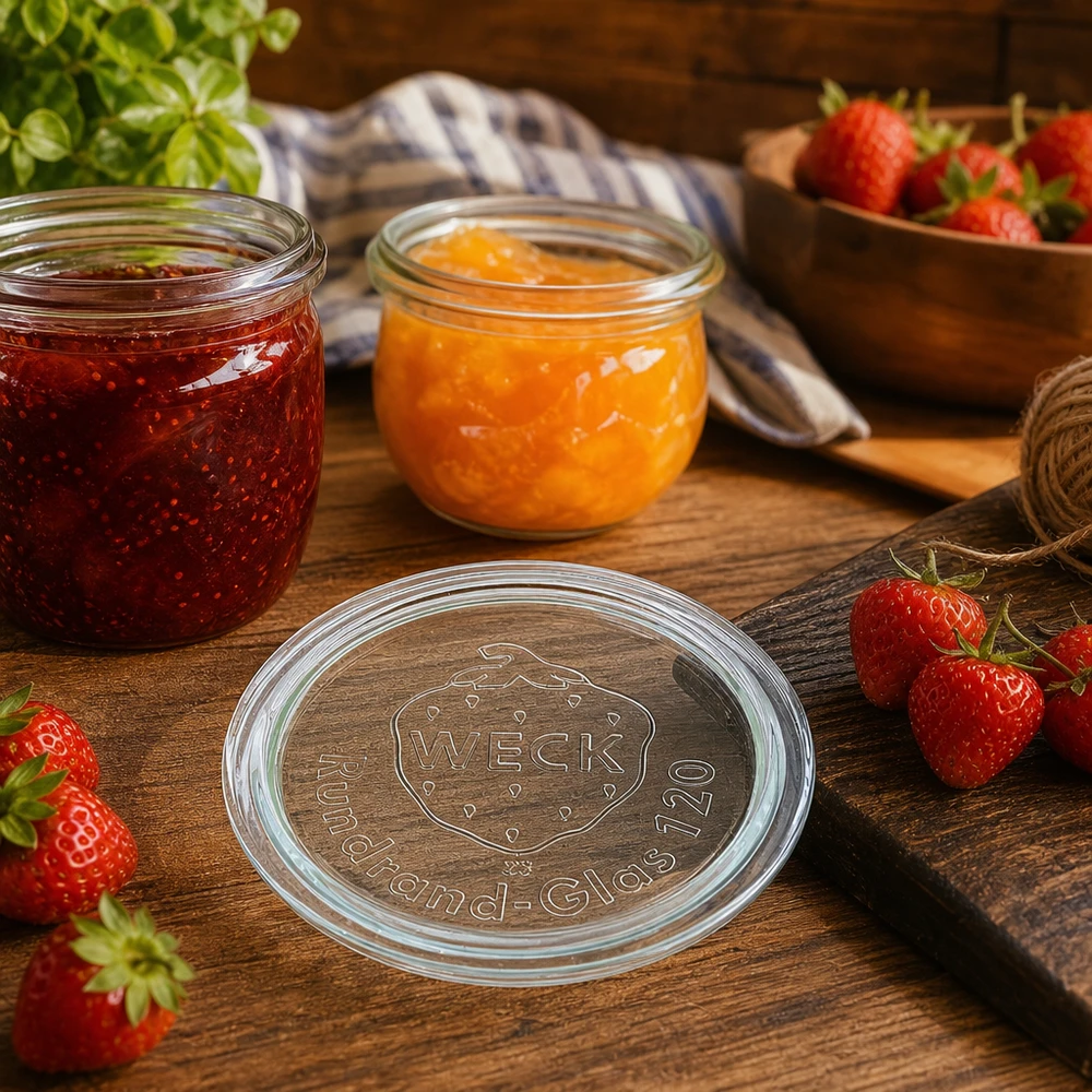 WECK Glasdeckel RR120 WECK Glasdeckel RR120 in rustikaler Küchenszene mit hausgemachten Konfitüren und frischen Erdbeeren auf Holztisch