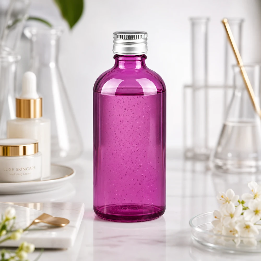 100ml Flas. 11mm Schraubverschluss Alu-Silber Standard PurpleLine. UT18/100 Praktische Kosmetikflasche aus Glas in Purple mit auslaufsicherem Schraubverschluss