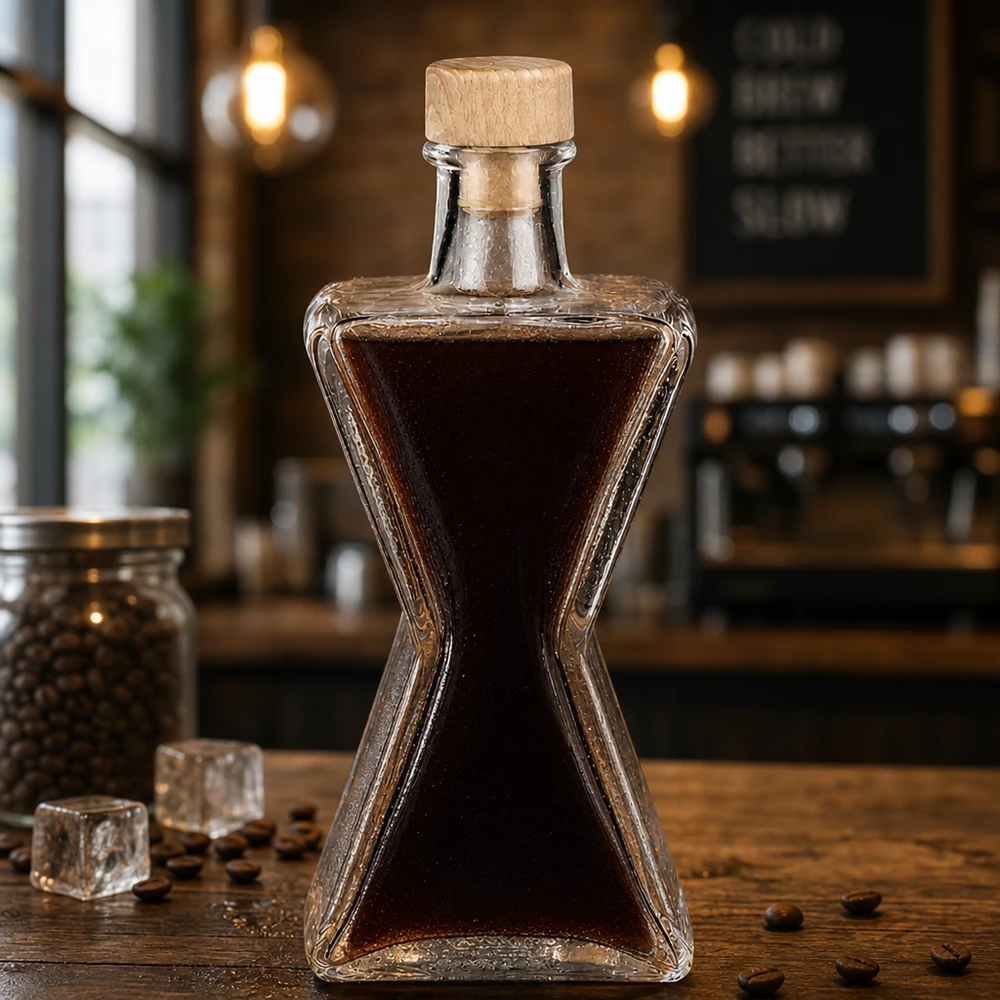 200ml Glasflasche "Star" mit Holzgriff-Korken UNiTWIST 200ml Glasflasche Star mit Kaffeelikör gefüllt - Holzkorken UNiTWIST in stilvoller Café-Atmosphäre mit Kaffeebohnen