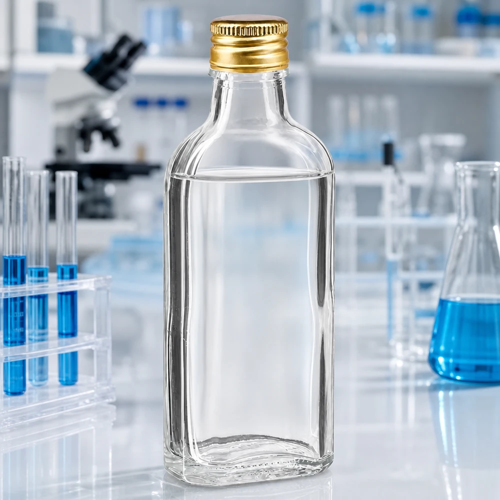 Flache rechteckige 100ml Glasflasche klar mit Golddeckel PP22 zwischen Reagenzgläsern
