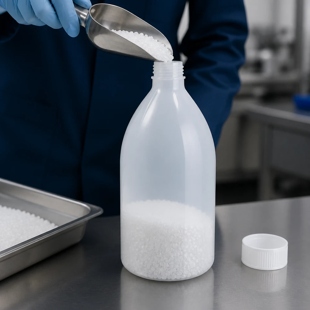 1000ml Laborflasche Enghals ohne Verschluss Befüllung einer 1000ml Laborenghalsflasche mit Metallschaufel und weißem Granulat