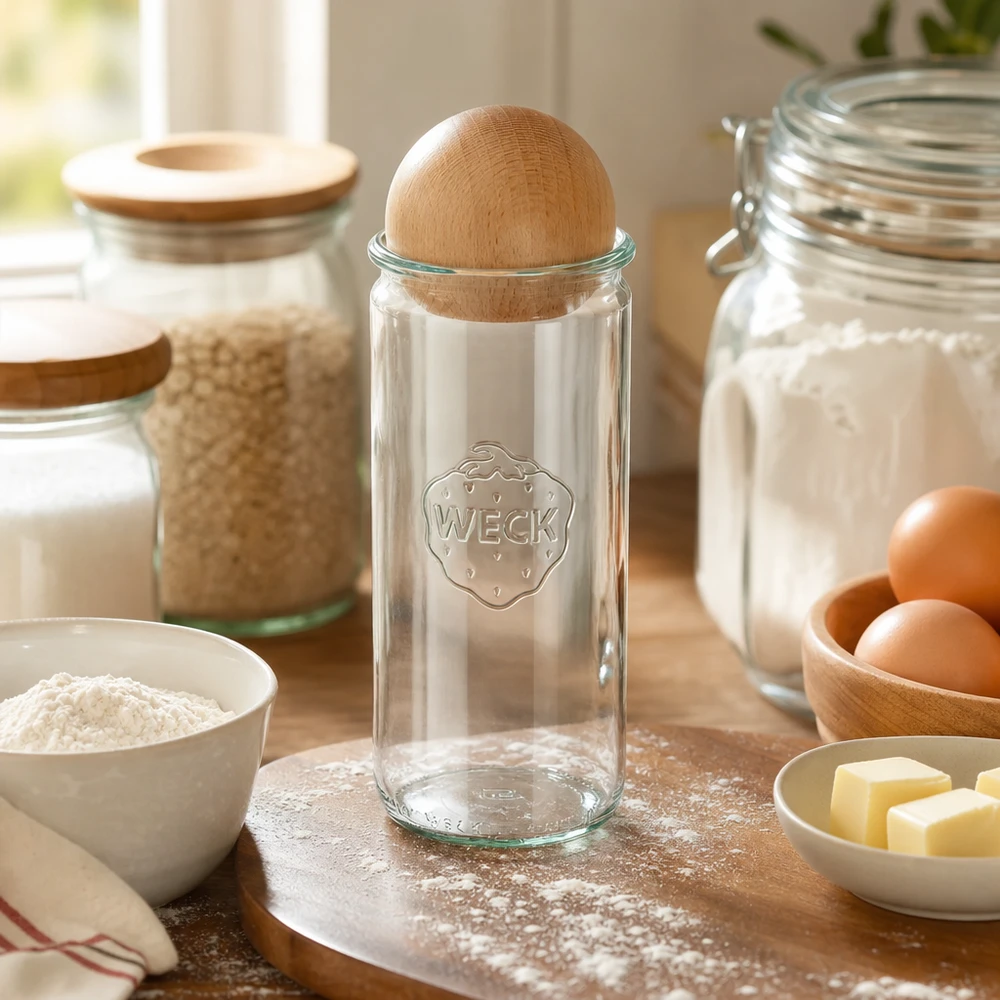 WECK Zylinderglas 1040ml RR80 mit Buchenkugel in moderner Küche zwischen Backzutaten und Eiern als Vorratsorganisation