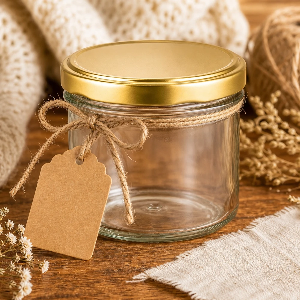 225ml Sturzglas mit BasicSeal Deckel gold UNiTWIST 225ml Sturzglas UNiTWIST leer mit goldenem Deckel und Anhänger als Geschenkverpackung auf rustikalem Holz