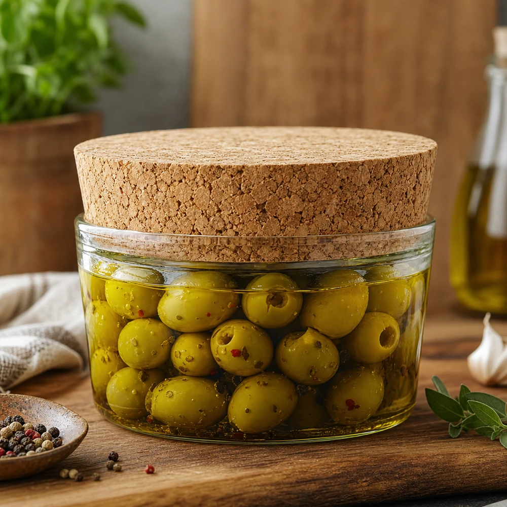 Korken für Öffnung 40mm WECK RR40 (ø38/43, H=20mm) Eingelegte Oliven in Glasgefäß mit WECK Korken RR40 Naturkork Verschluss mediterrane Küche Vorratshaltung 40mm